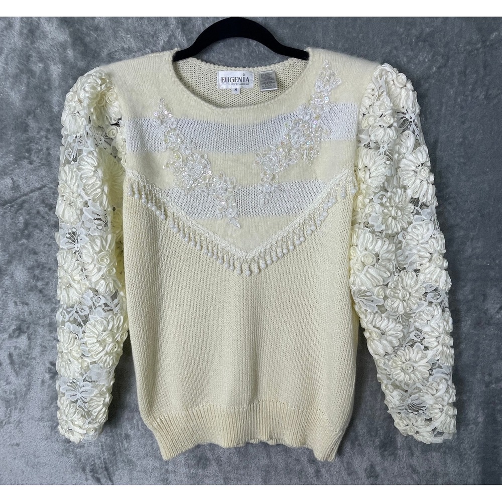 Eugenia Sweater Womens Medium Cream Good Lace Puff Sleeve Beaded Wool Angora 80s